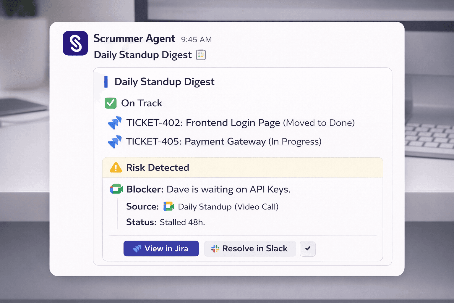 UI screenshot of Scrummer's Daily Standup Digest in Slack, showing a summary of completed work, in-progress items, and a highlighted "Blocker Detected" alert.