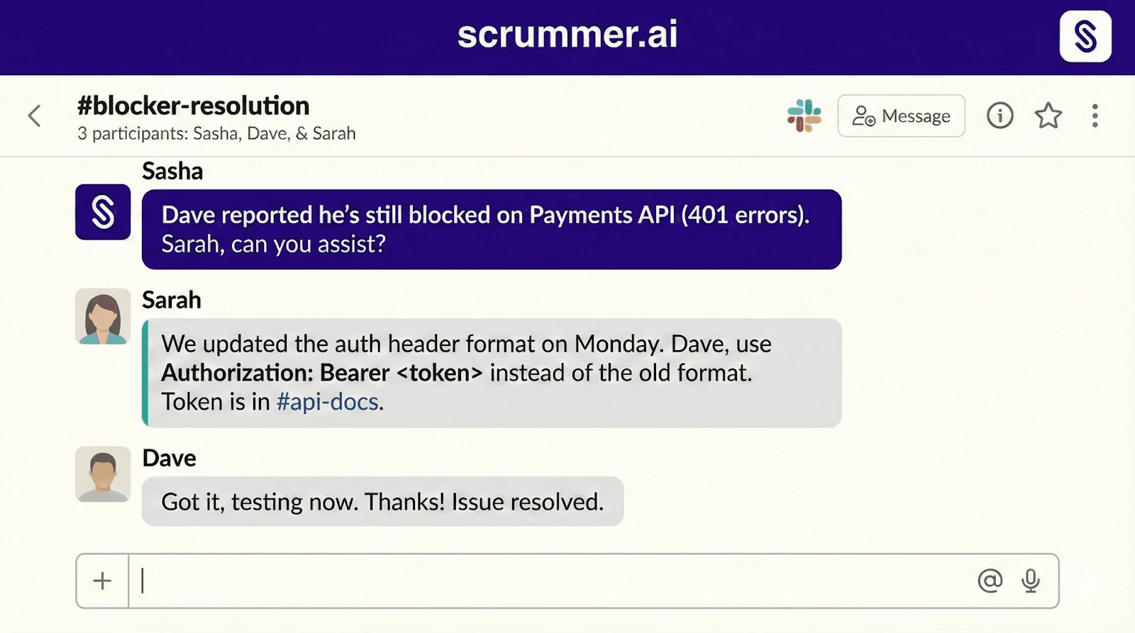 Scrummer.ai Sasha coordinating a chat thread between two teammates to resolve a standup blocker.
