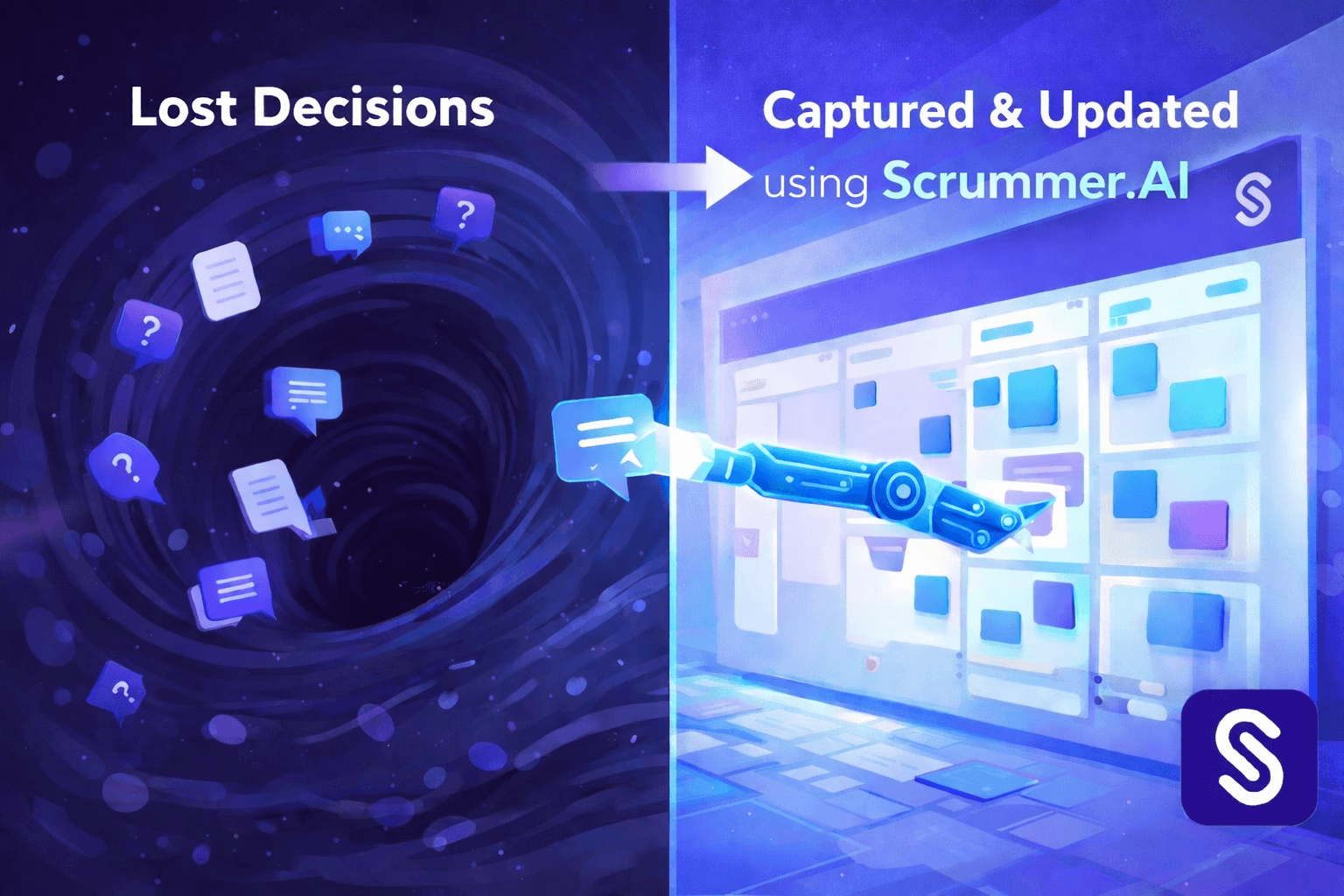 Diagram showing the black hole of Slack where decisions disappear between communication and execution
