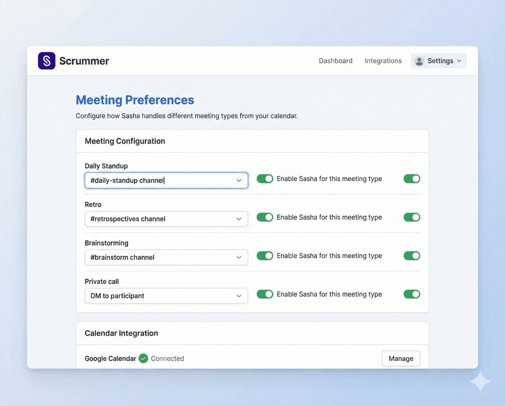 Scrummer AI meeting preferences showing standup retro brainstorming outputs to different Slack channels