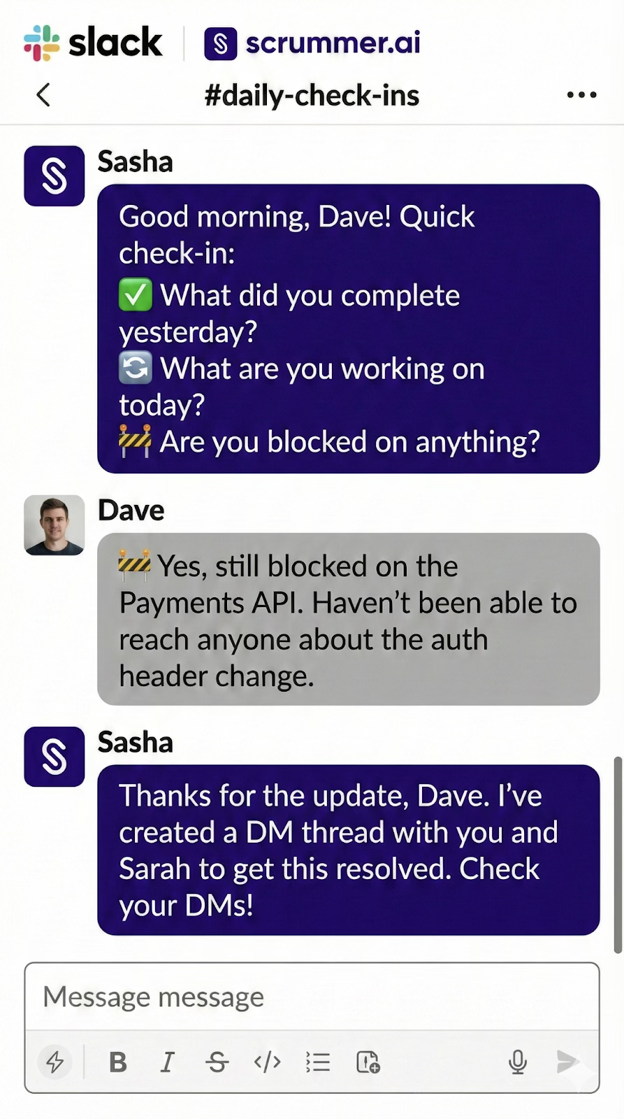 Daily check-in chat from Scrummer.ai asking a developer about completed work, current tasks, and blockers.