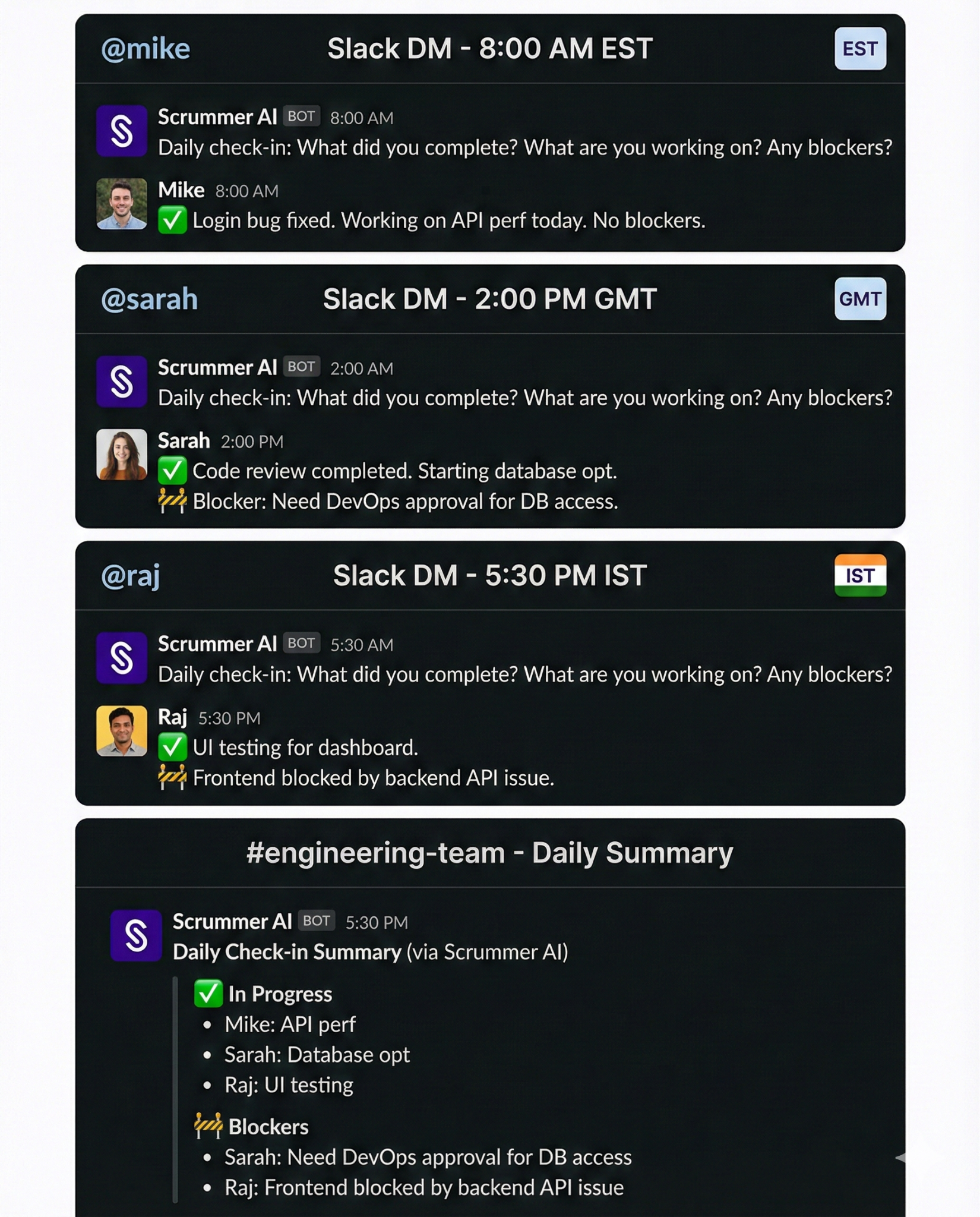 Scrummer AI async daily check-ins prompting engineering team across EST GMT IST timezones with aggregated Slack summary